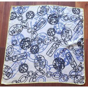 Henri Bendel Silk Scarf Charm Chain Print White Blue Yellow Square 26"